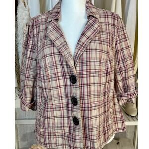 Relativity Women's Sz 2X Beige Pink Plaid Short Sleeve Cottage Core Jacket#0464